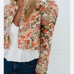 Cream and Red Floral Blazer with Structured Silhouette